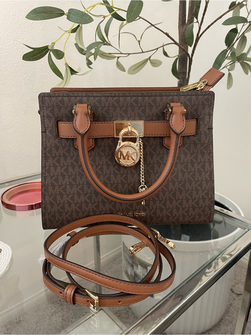 BNWT Michael Kors Brown Signature MK Logo Satchel with Tan Trim
